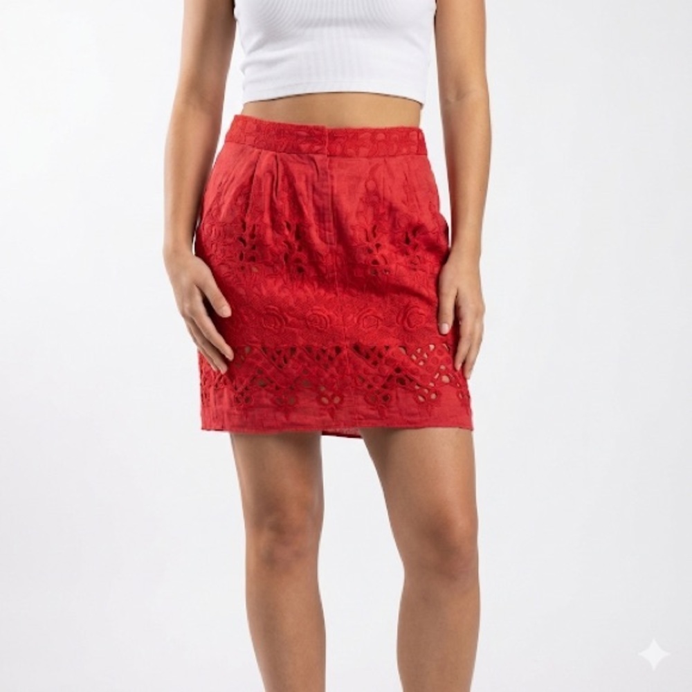 Baraschi Women’s Linen Embroidered Mini Skirt Red Size 2